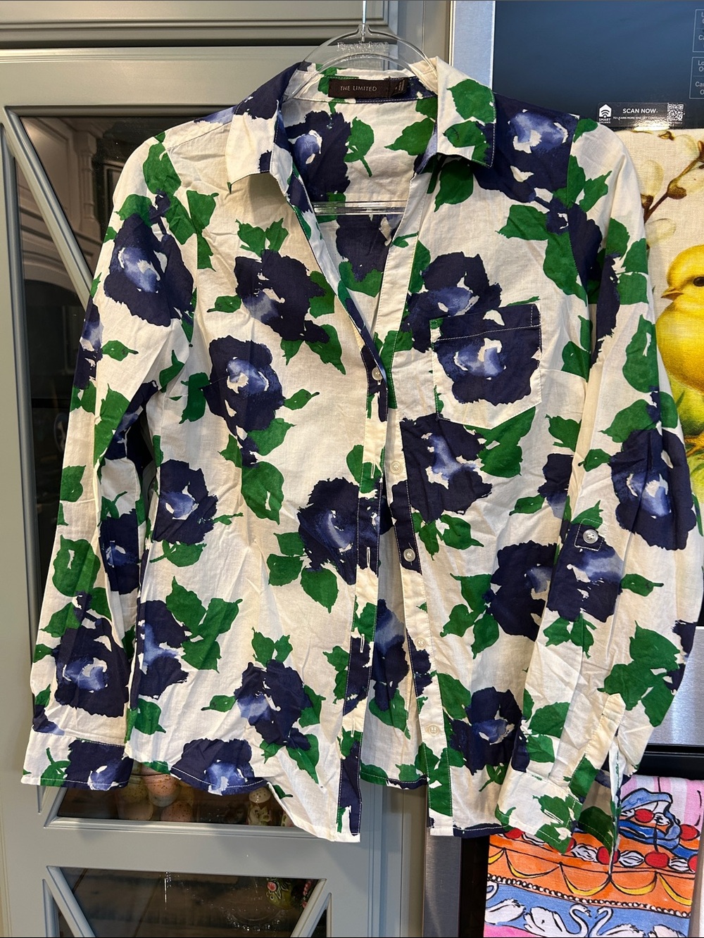 The Limited Blue and Green Floral Long Sleeve Cotton Button Up Blouse Small